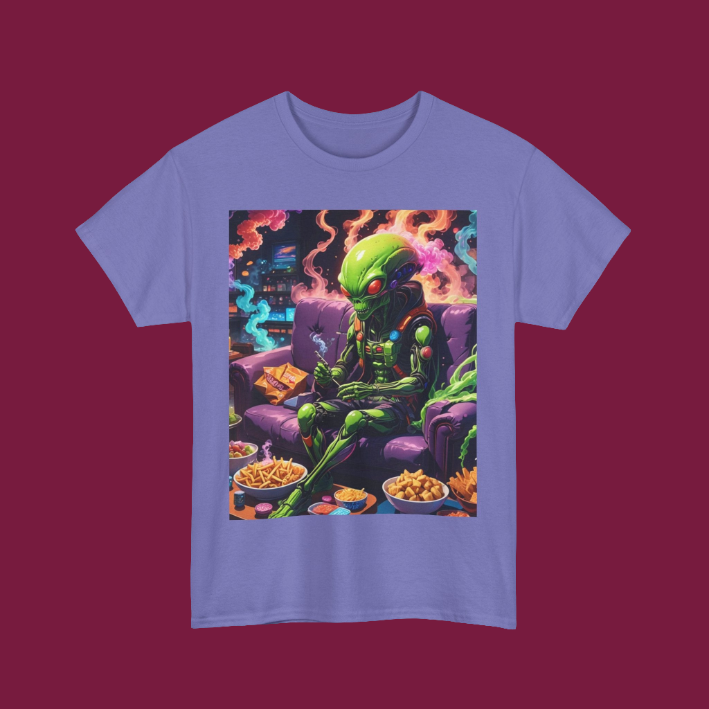 Alien Chilling Weed Tee, Fun Graphic Alien T-Shirt, Colorful Smoke Alien Design Shirt, Unique Weed-Themed Clothing, Unisex Heavy Cotton Tee.